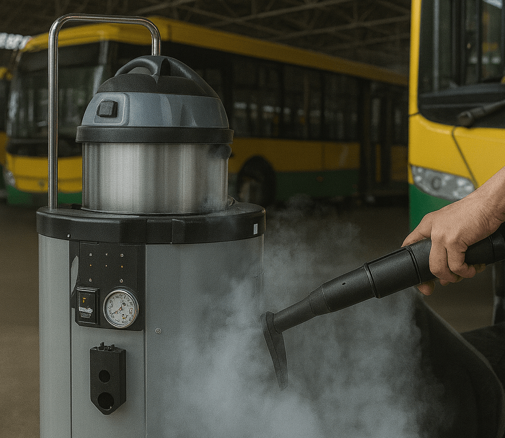 Limpieza de vapor seco con sistemas Krüger en hangar de autobuses urbanos.